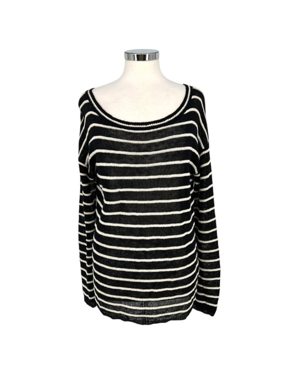 Alice + Olivia Ottoman Stripe Linen Blend Sweater Black White Large Indie French